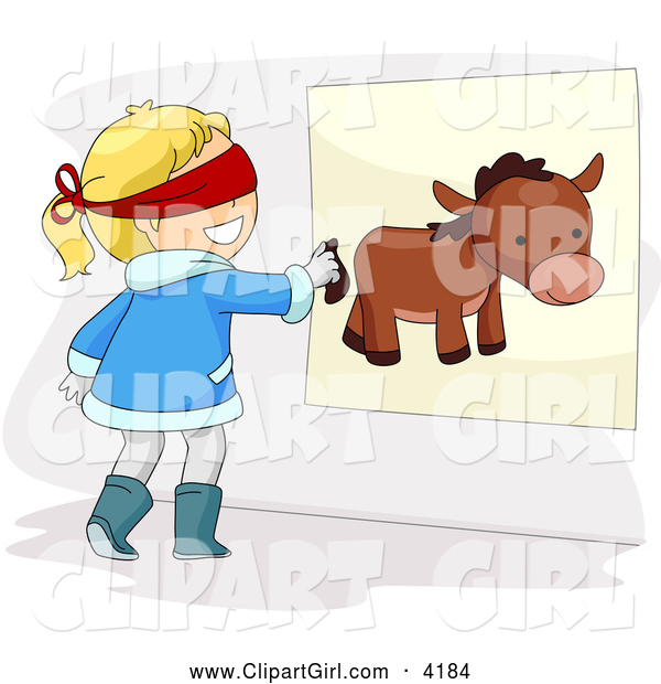 Clip Art of a Girl Pinning the Tail on a Donkey at a Party