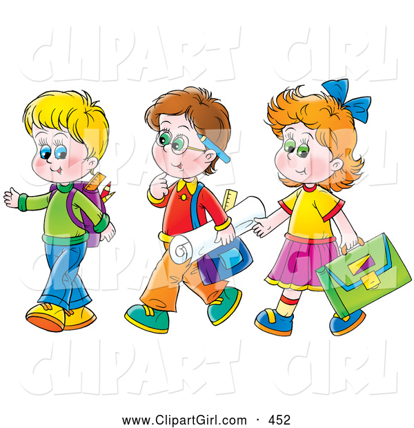 Clip Art of a Girl Walking with Two Boys on the Way to School, on White