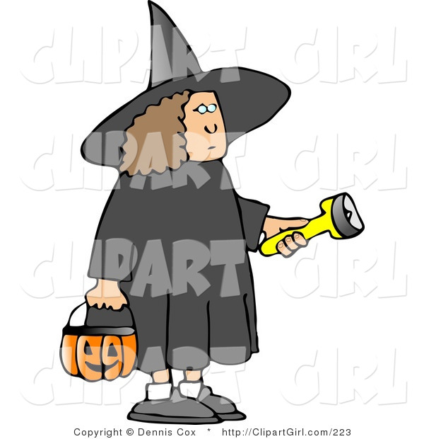 Clip Art of a Girl Wearing a Black Halloween Witch Costume While Trick-or-treating with a Candy Bucket and Flashlight