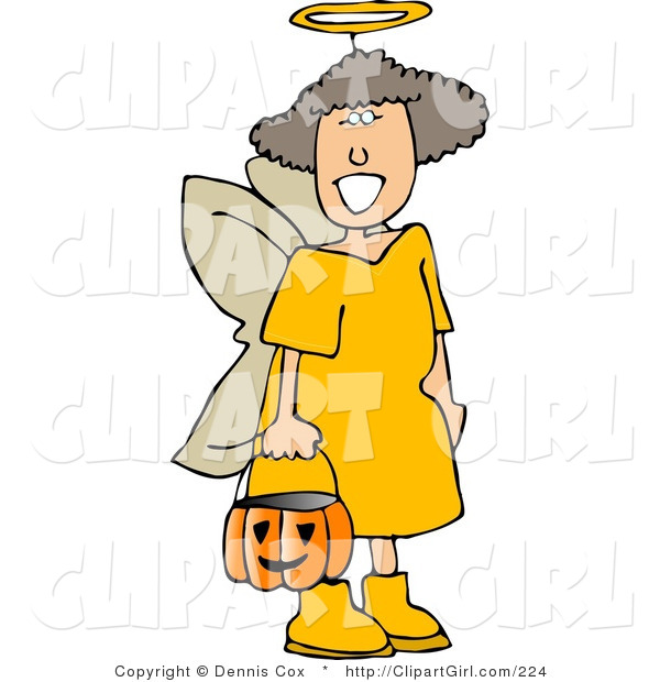 Clip Art of a Girl Wearing Halloween Angel Costume While Trick-or-Treating on Halloween Eve
