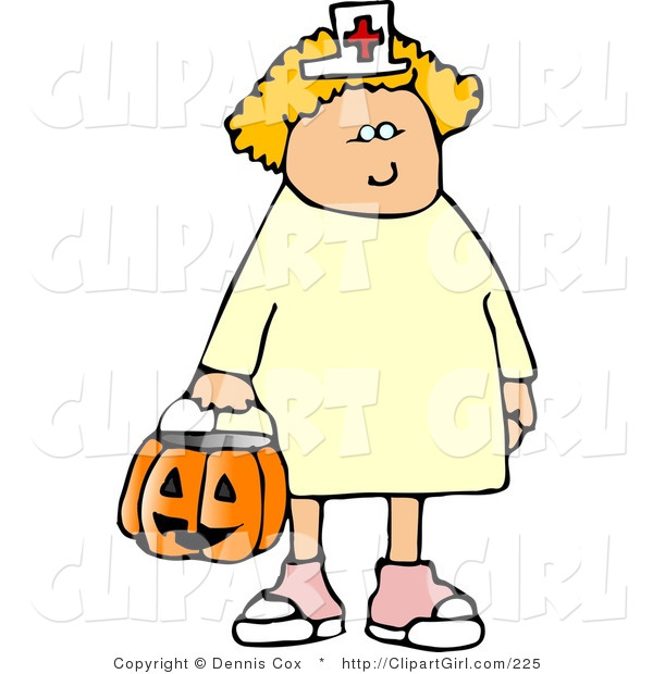 Clip Art of a Girl Wearing Halloween Nurse Costume While Trick-or-treating on Halloween Night
