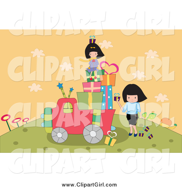 Clip Art of a Girls Loading up a Truck with Gifts on a Hill