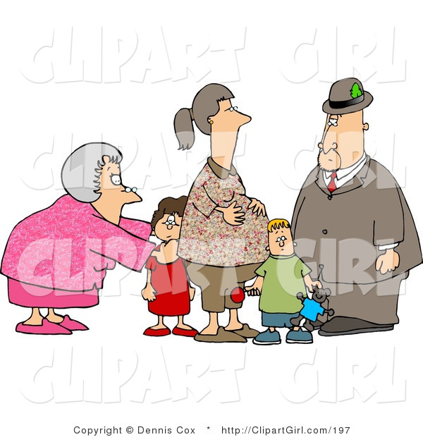 Clip Art of a Grandma and Grandpa Standing with Grandchildren and Their Pregnant Daughter
