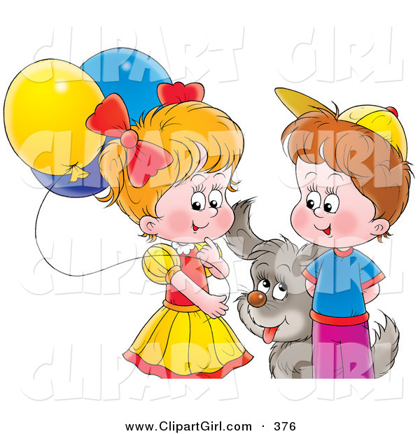 Clip Art of a Gray Puppy Playing with a Boy and Girl with Balloons