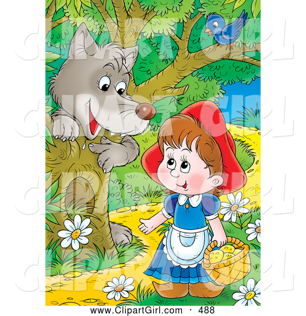 Clip Art of a Gray Wolf Emerging Behind a Tree Under a Bird, Watching Little Red Riding Hood As She Walks Through the Forest