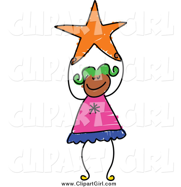 Clip Art of a Green Haired Black Sketched Girl Holding an Orange Star
