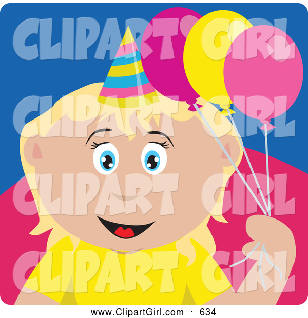 Clip Art of a Grinning Caucasian Birthday Girl Holding Balloons
