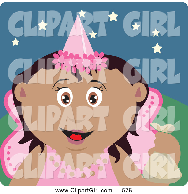 Clip Art of a Grinning Happy Hispanic Tooth Fairy in a Pink Costume, Holding up a Bag