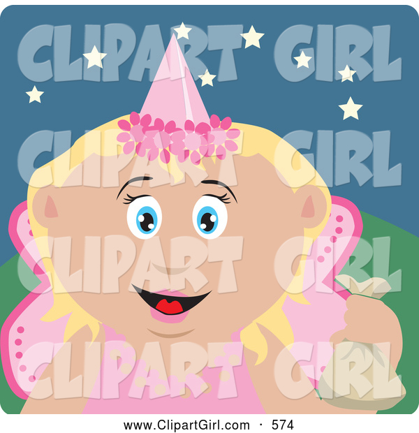 Clip Art of a Grinning Happy Tooth Fairy in a Pink Costume, Holding up a Bag