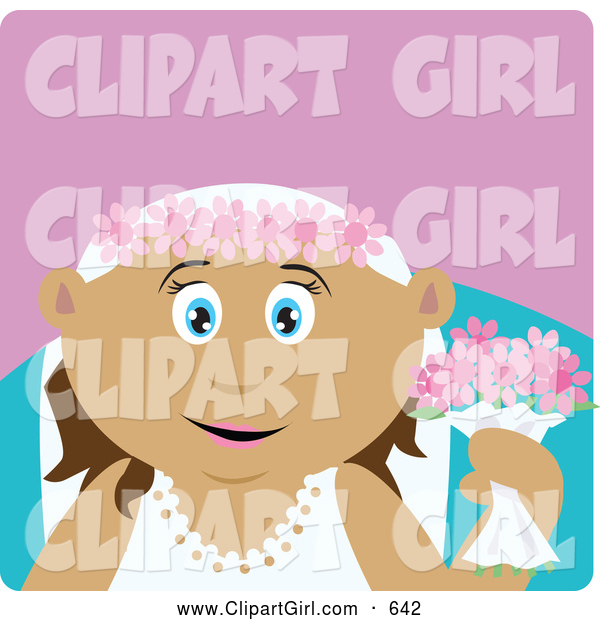 Clip Art of a Grinning Latin American Bride Woman Holding Flowers