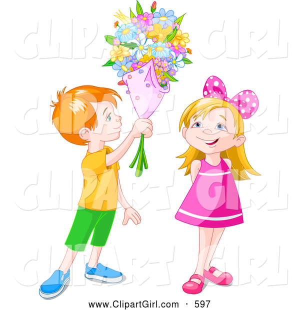Clip Art of a Grinning Red Haired Boy Holding a Flower Bouquet over a Little Girl