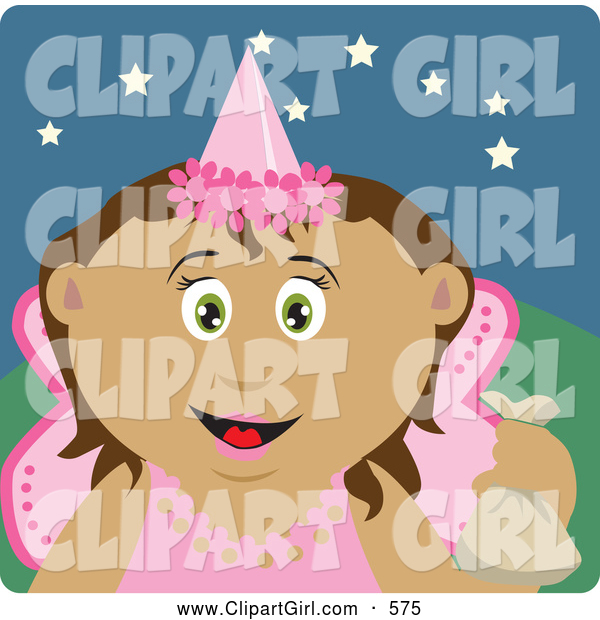 Clip Art of a Grinning Tooth Fairy in Pink, Holding up a Bag