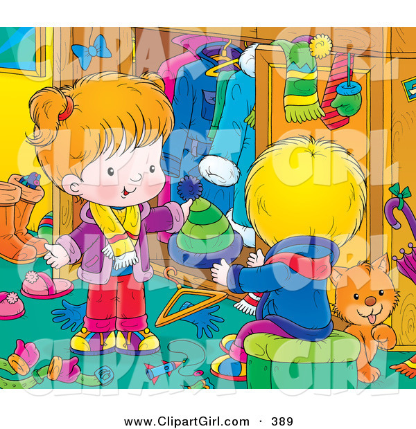 Clip Art of a Grooming Orange Cat in a Room with a Little Boy in Girl As They Go Through Their Winter Clothes and Clean up