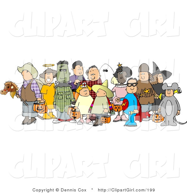 Clip Art of a Group of Adults and Children Wearing Halloween Costumes Before Trick or Treating