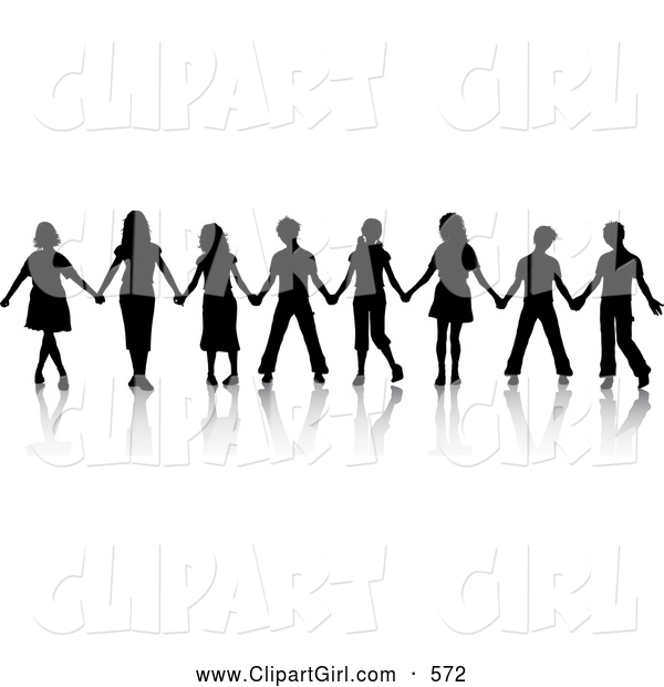 Clip Art of a Group of Black Silhouetted Boys and Girls Standing in a Line and Holding Hands While Playing the Game Red Rover