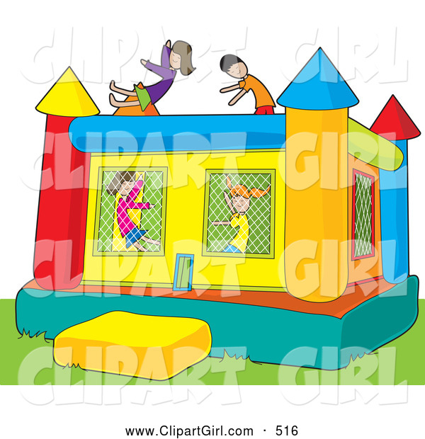 Clip Art of a Group of Boys and Girls Jumping in a Colorful Inflatable Bouncy Castle on Grass