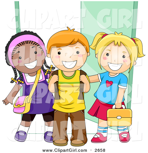 Clip Art of a Group of Diverse School Kids Standing by a Doorway