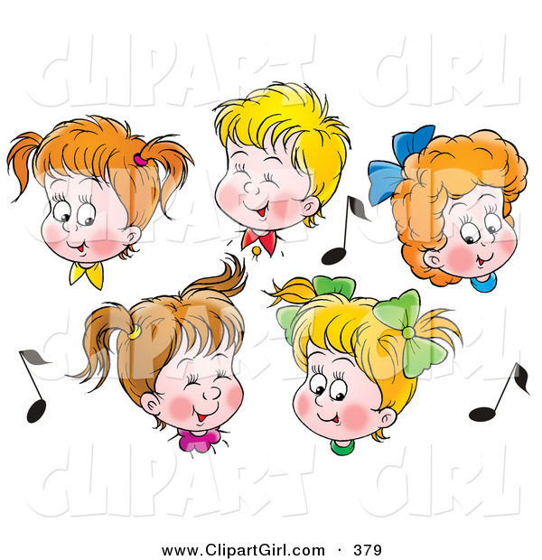 Clip Art of a Group of Five Boys and Girls in Choir, Singing, Surrounded by Music Notes