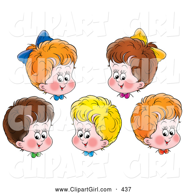 Clip Art of a Group of Five Happy Red, Blond and Brunette Haired Children