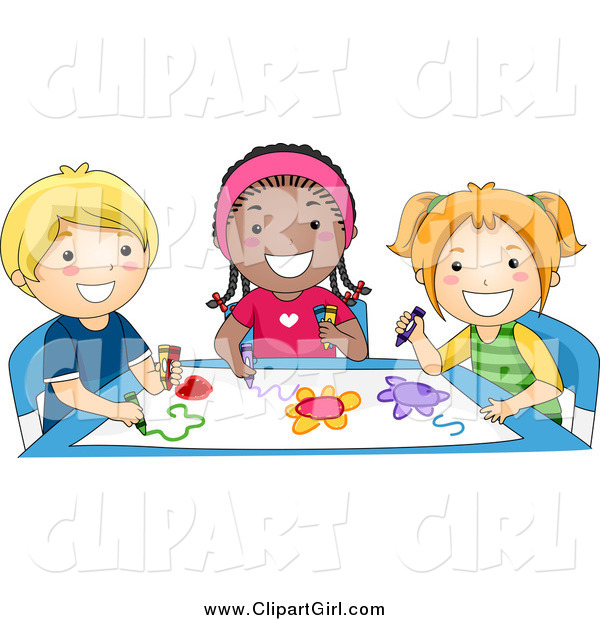 Clip Art of a Group of Happy Diverse Preschoolers Coloring