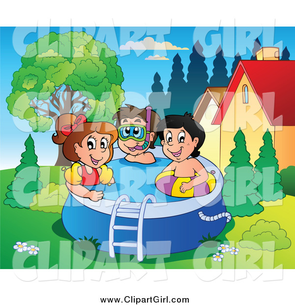 Clip Art of a Group of Happy Kids Playing in a Swimming Pool