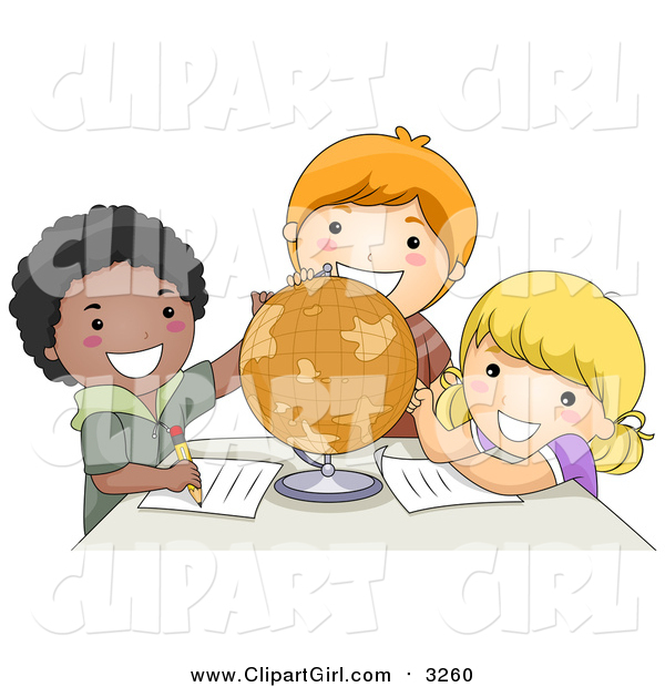 Clip Art of a Group of Happy School Kids Studying a Globe