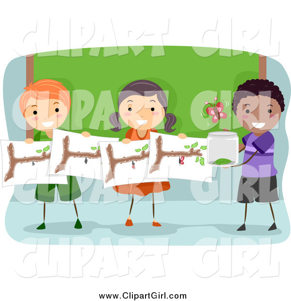 Clip Art of a Group of Happy Students Studying Butterflies