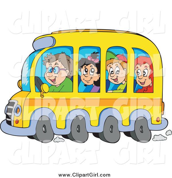 Clip Art of a Group of Happy White School Children and Driver on a Bus