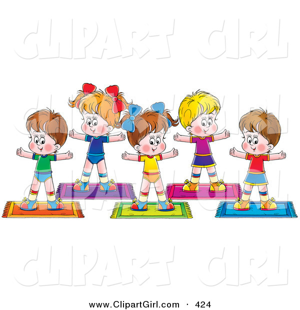 Clip Art of a Group of Healthy Children Exercising Together on Yoga Mats in a Fitness Class