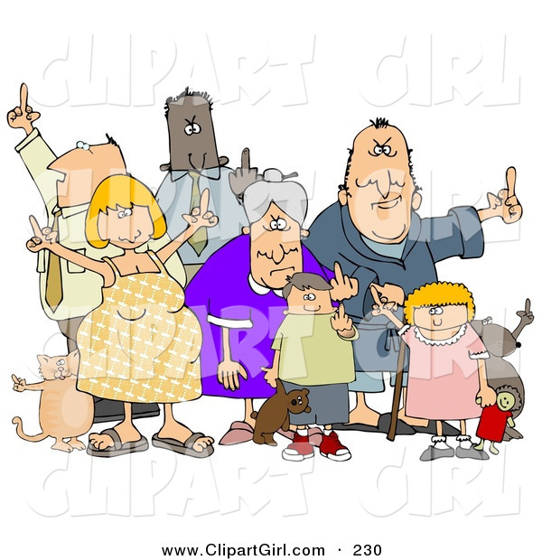 Clip Art of a Group of Mad People of All Ages and Mixed Ethnicities, Standing with Pets and Flipping People OffGroup of Mad People of All Ages and Mixed Ethnicities, Standing with Pets and Flipping People off