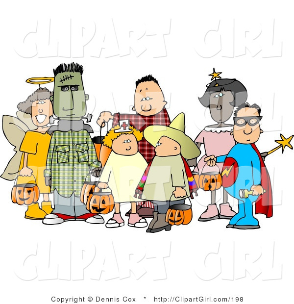 Clip Art of a Group of Male and Female Halloween Trick-or-treaters Standing Together