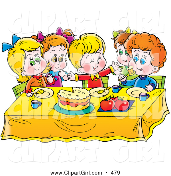 Clip Art of a Group of Smiling Children Eating Cake at a Table