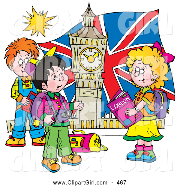 Clip Art of a Group of Smiling Children Touring London, Admiring Big Ben