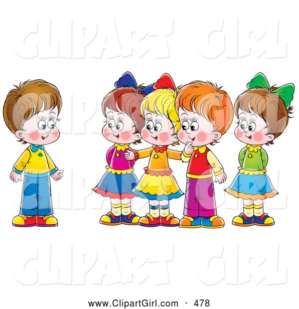 Clip Art of a Group of Smiling Children Welcoming a New Friend