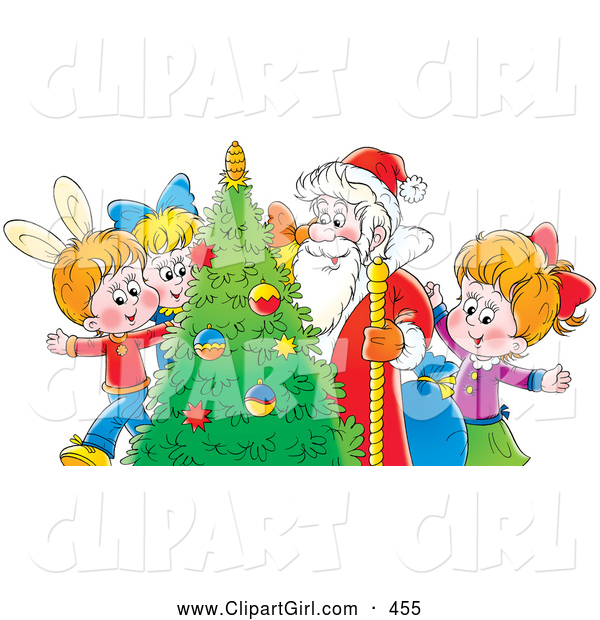Clip Art of a Group of Smiling Children with Santa Around a Christmas Tree