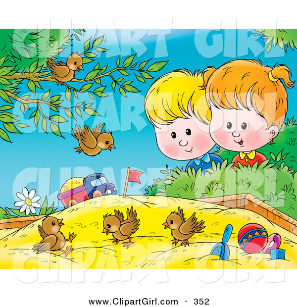 Clip Art of a Group of Three Birds Playing in a Sand Box, a Boy and Girl Watching