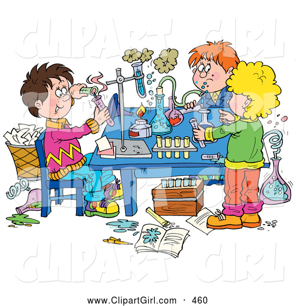 Clip Art of a Group of Three School Children Conducting Science Experiments