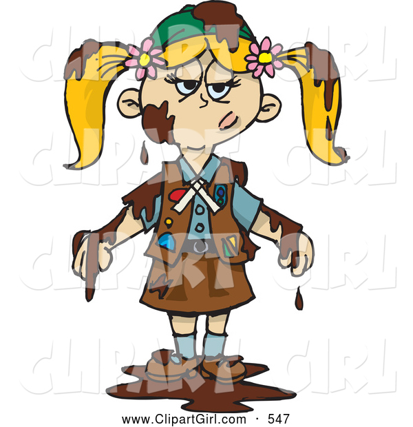Clip Art of a Grumpy Blond Girl Scout Covered in Mud or Chocolate, a Chocolate Brownie