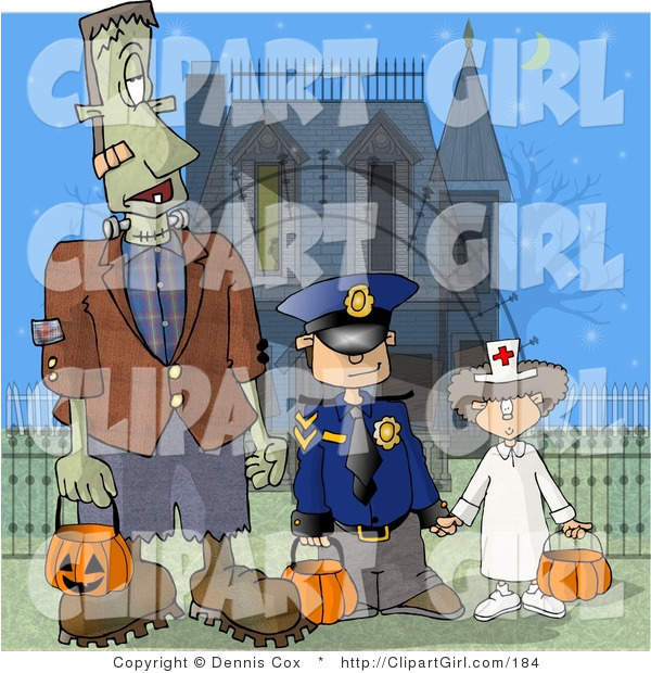 Clip Art of a Halloween Dad Dressed As Frankenstein, with His Kids As a Detective and a Doctor Standing in Front of a Spooky House