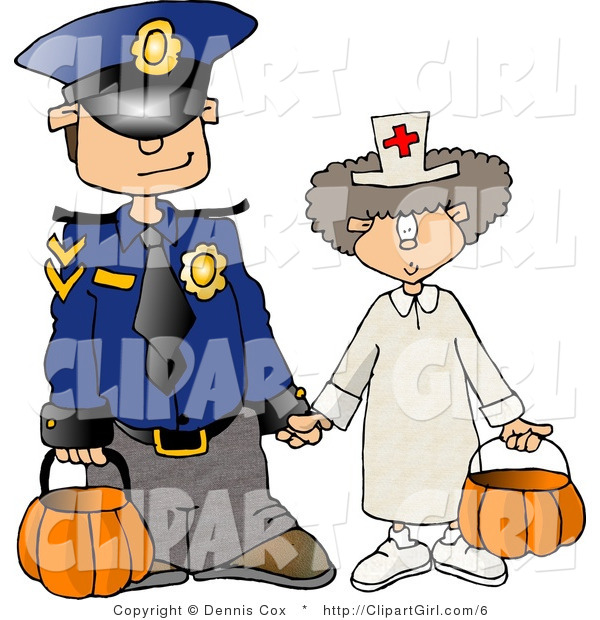 Clip Art of a Halloween Police Officer and Doctor Trick or Treating