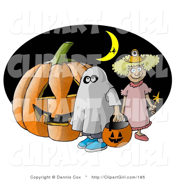 Clip Art of a Halloween Pumpkin, Two Trick-or-Treaters, and Witch Flying in Front of a Crescent Moon