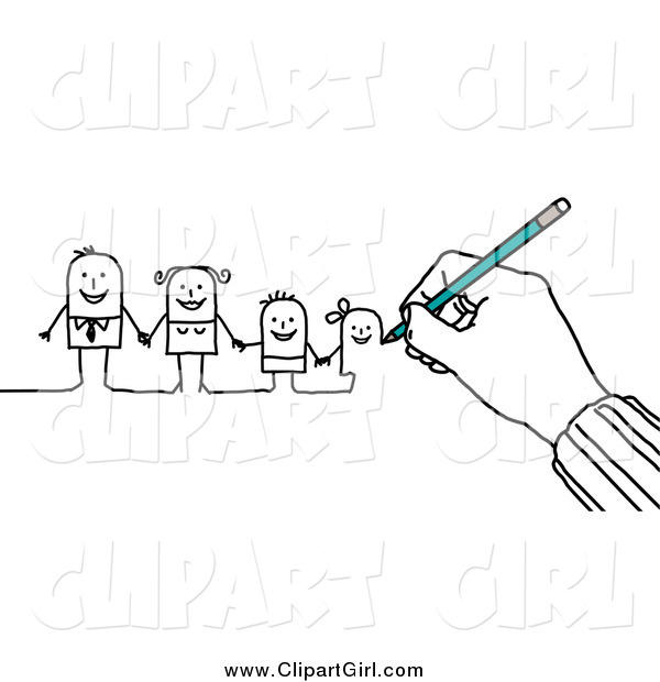 Clip Art of a Hand Drawing a Family of Stick People