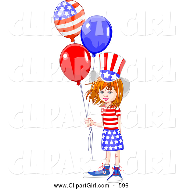Clip Art of a Happy American White Girl Wearing the Stars and Stripes, Holding Patriotic Balloons