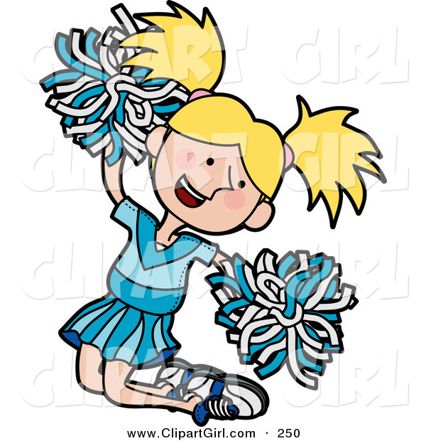 Clip Art of a Happy and Energetic Blond Cheerleader Girl in a Blue Uniform, Jumping with Pom Poms