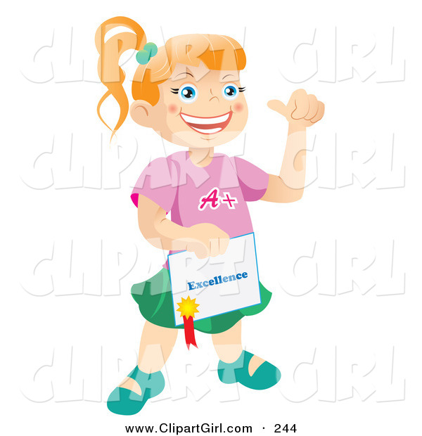 Clip Art of a Happy and Proud Bright Caucasian School Girl Holding a Certificate of Excellence from Her Teacher