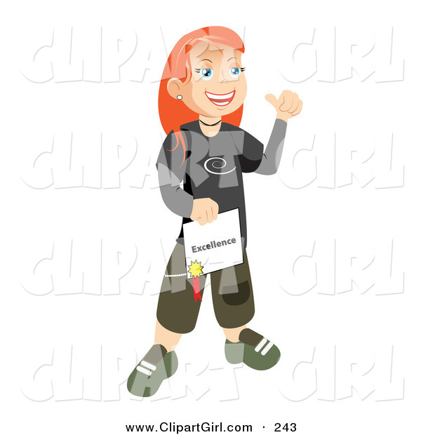 Clip Art of a Happy and Proud White Skater School Girl with Red Hair, Smiling and Holding Her Certificate of Excellence for Honor Roll