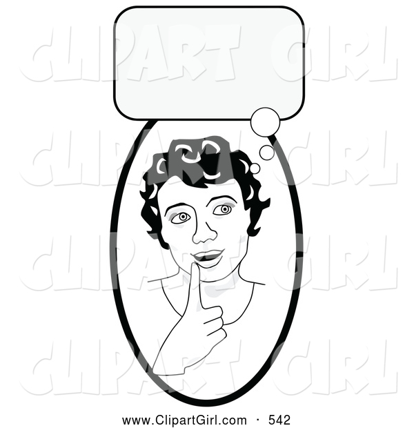 Clip Art of a Happy and Smart Girl in Thought, Touching Her Lip, a Bubble Above Her Head