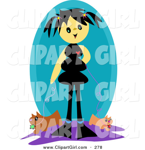 Clip Art of a Happy and Smiling Girl with Black Hair, Walking Two Dogs on Leashes