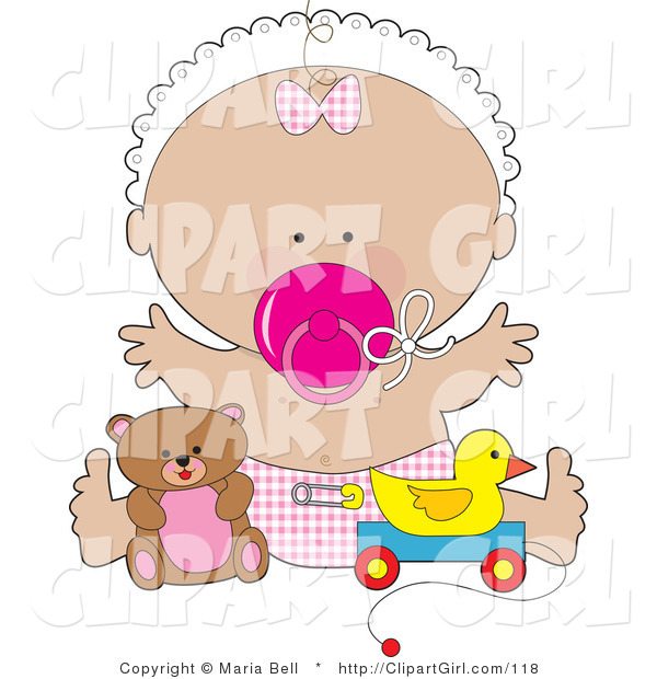 Clip Art of a Happy Baby Girl in a White Bonnet, Pink Checkered Bow and Diaper, Sucking on a Pink Pacifier and Holding Her Arms out While Playing with Toys in a Nursery
