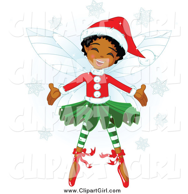 Clip Art of a Happy Black Christmas Fairy Girl